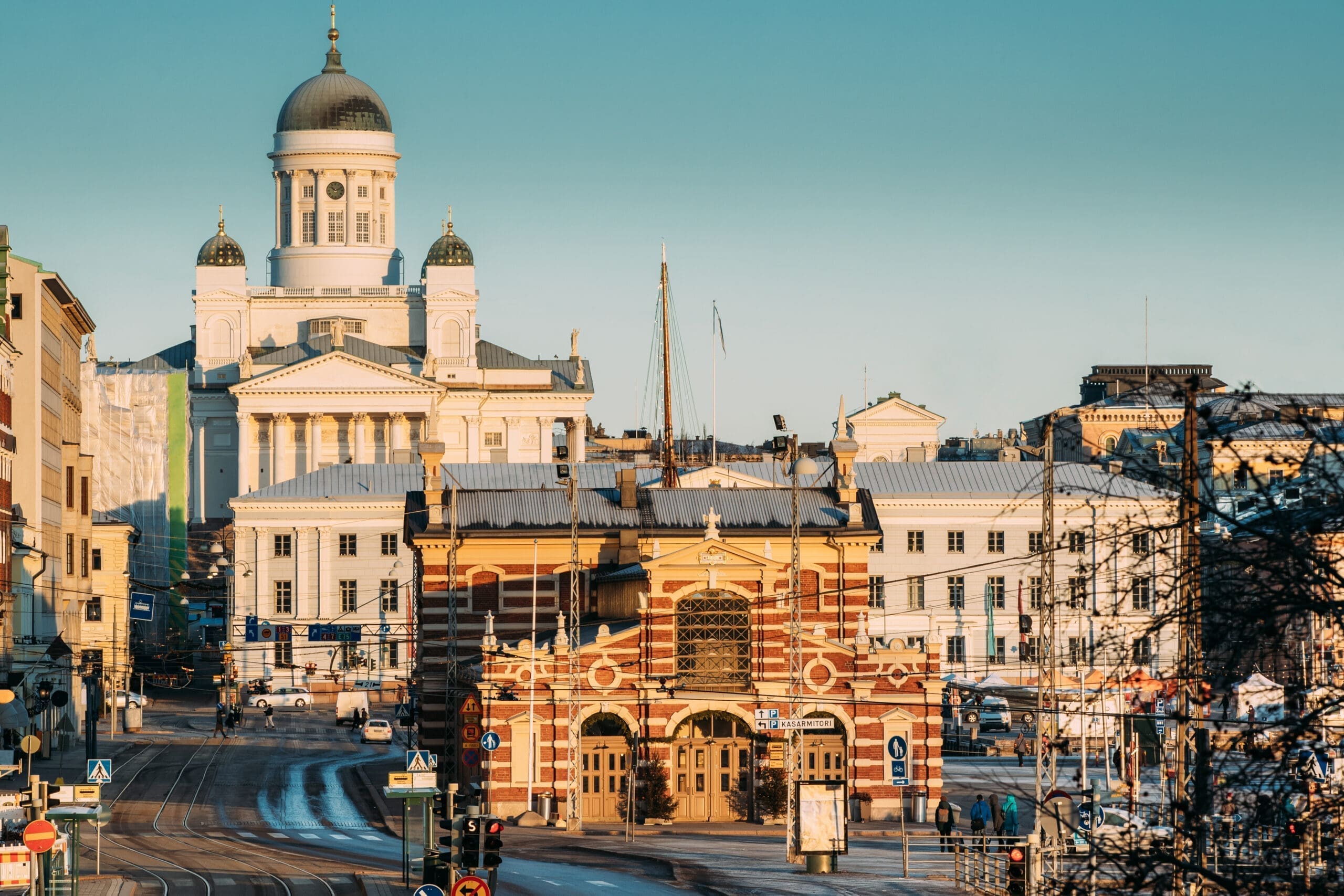 Finland, Helsinki. View Of Helsinki Cathedral And Old Market Hal